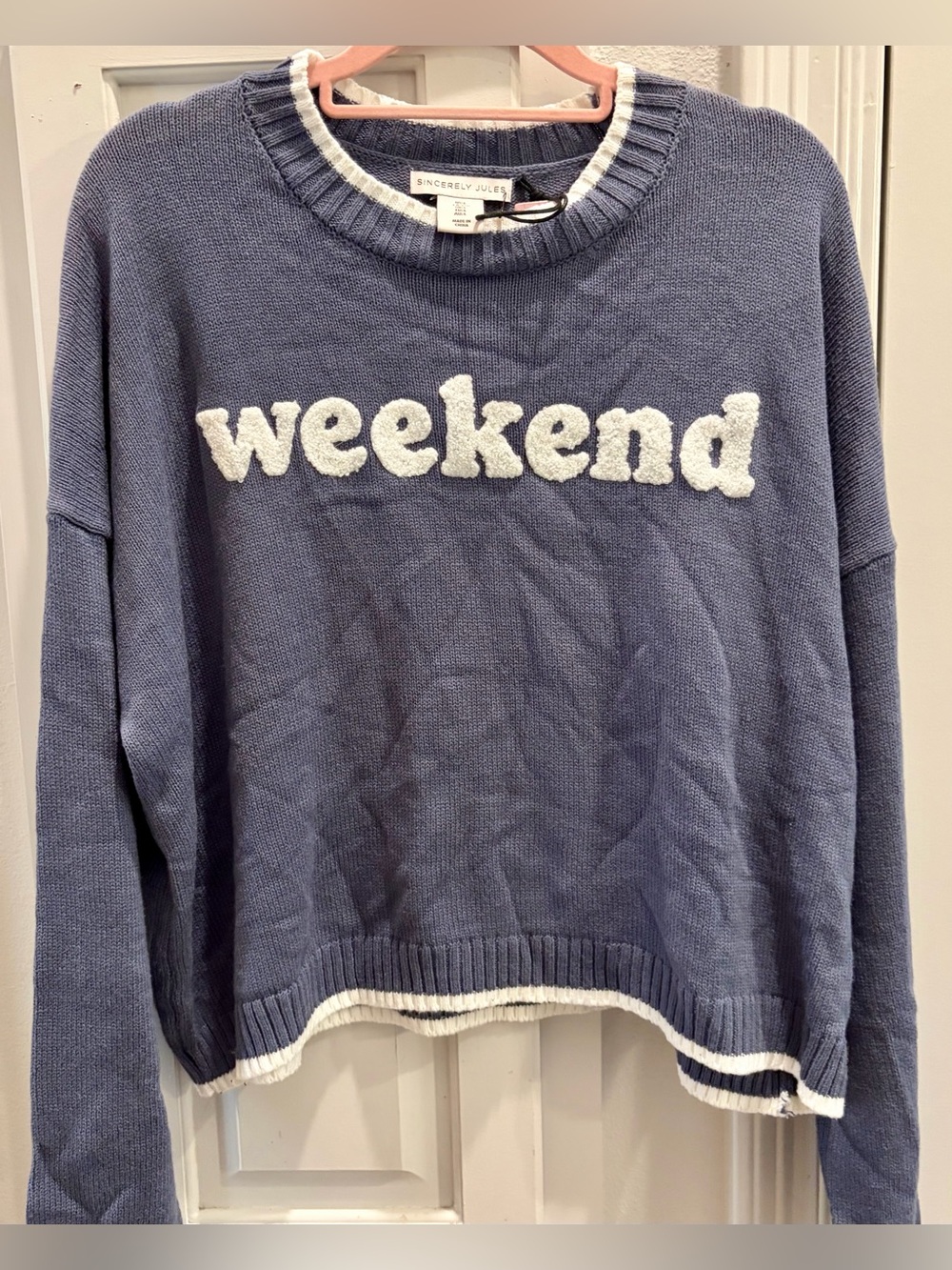 NWT SINCERELY JULES Women's 'Weekend' Crewneck Cozy Sweater - Dusty Blue/White